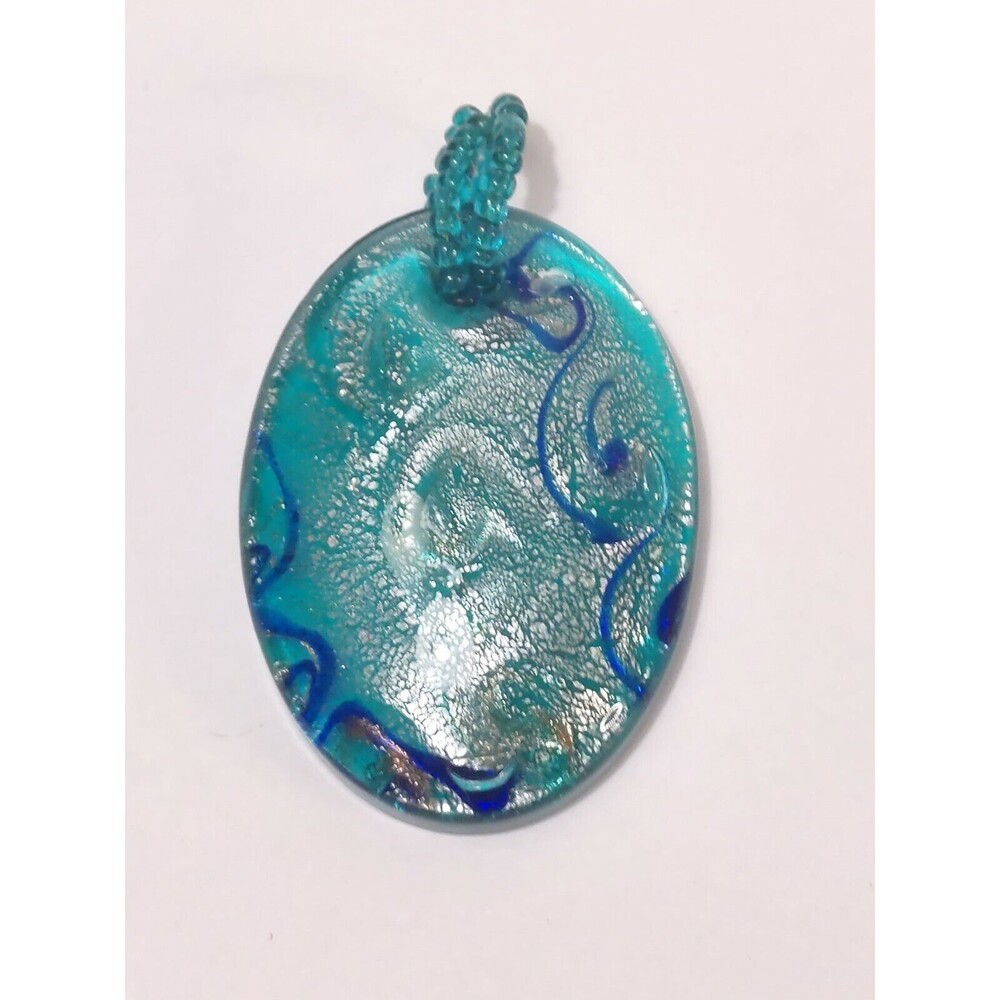 Art Glass Silver Teal Blue Beaded Pendant
